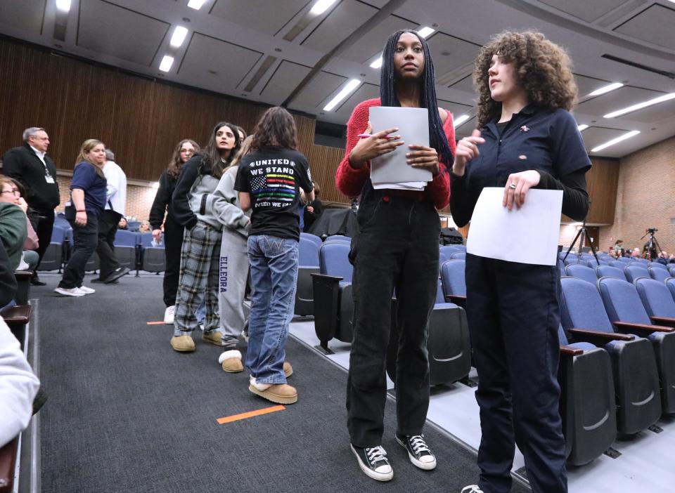 Students line up to speak during a board meeting at Clarkstown South High School in West Nyack Feb. 8, 2024.