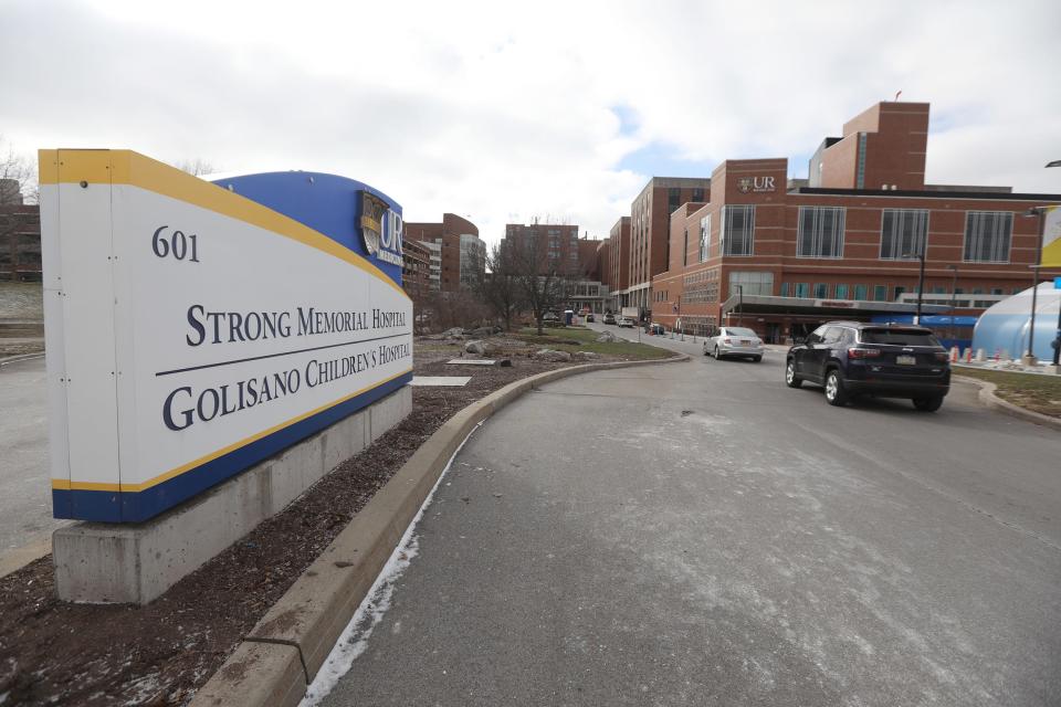 URMC, University of Rochester Medical Center, includes Strong Memorial Hospital, Golisano Children's Hospital, and the Wilmot Cancer Institute to name some of its patient care facilities on Feb. 23, 2022.  The main entrance to Strong Memorial Hospital and its emergency department is located on Elmwood Ave. in Rochester, NY.