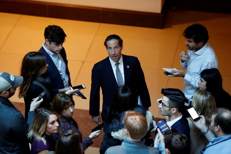 U.S. Rep. Jamie Raskin (D-MD) briefs the media at House Intelligence Committee's Sensitive Compartmented Information Facility (SCIF) during the closed-door deposition of Mark Sandy, on Capitol Hill in Washington