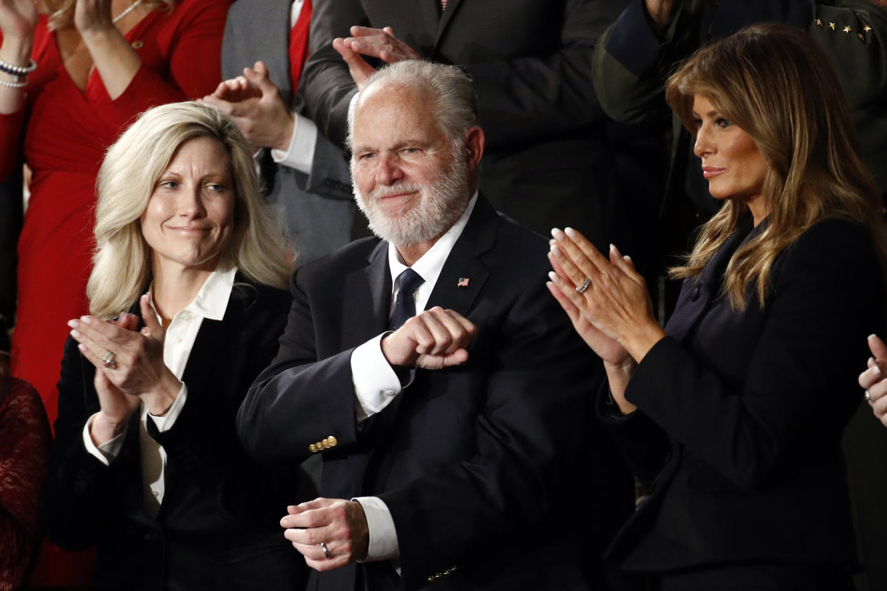 Rush Limbaugh reacts as President Trump delivers the State of the Union address in Washington, D.C., on Feb. 4, 2020. (AP Photo/Patrick Semansky)