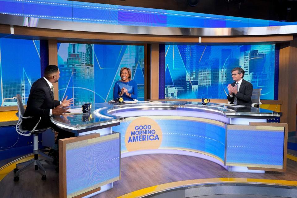 PHOTO: Robin Roberts, center, sits alongside Michael Strahan, left, and George Stephanopoulos on the set of 'Good Morning America' in New York City on Feb. 21, 2023. (Heidi Gutman/ABC)