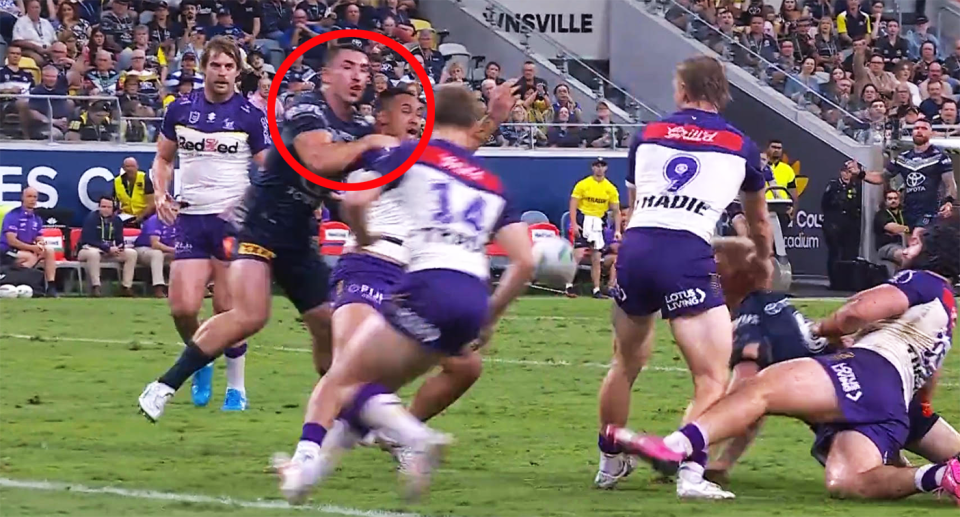 Reece Robson was already committed to the tackle on Ativalu Lisati as the Storm interchange spilled the footy. Pic: Nine