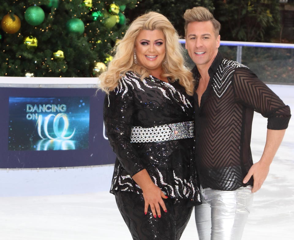 LONDON, -, UNITED KINGDOM - 2018/12/18: Gemma Collins and Matt Evers at the Dancing On Ice Launch Showcase at the Natural History Museum Ice Rink, Kensington,. (Photo by Keith Mayhew/SOPA Images/LightRocket via Getty Images)