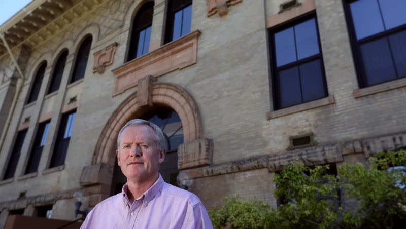Jerod Johnson, principal with Reaveley Engineers, stands in front of the retrofitted Alfred Emery Building on the University of Utah campus in Salt Lake City on Wednesday, July 3, 2019.  Jerod Johnson spoke about renovation of the Rio Grande Depot after severe damage from the 2020 earthquake.