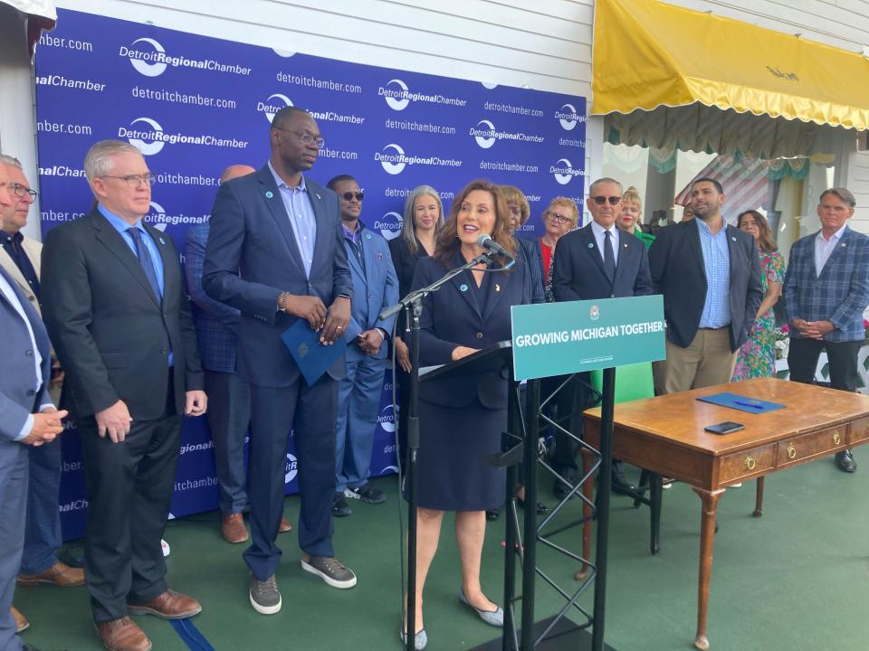Gov. Gretchen Whitmer announces a new council that will focus on growing Michigan's population at a news briefing held on Mackinac Island June 1, 2023.