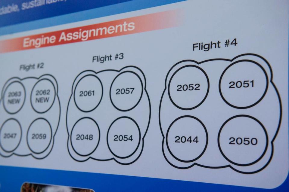 A diagram at Aerojet Rocketdyne details the different engine numbers for RS-25 engines that will be on the different Artemis missions. Hannah Ruhoff/Sun Herald