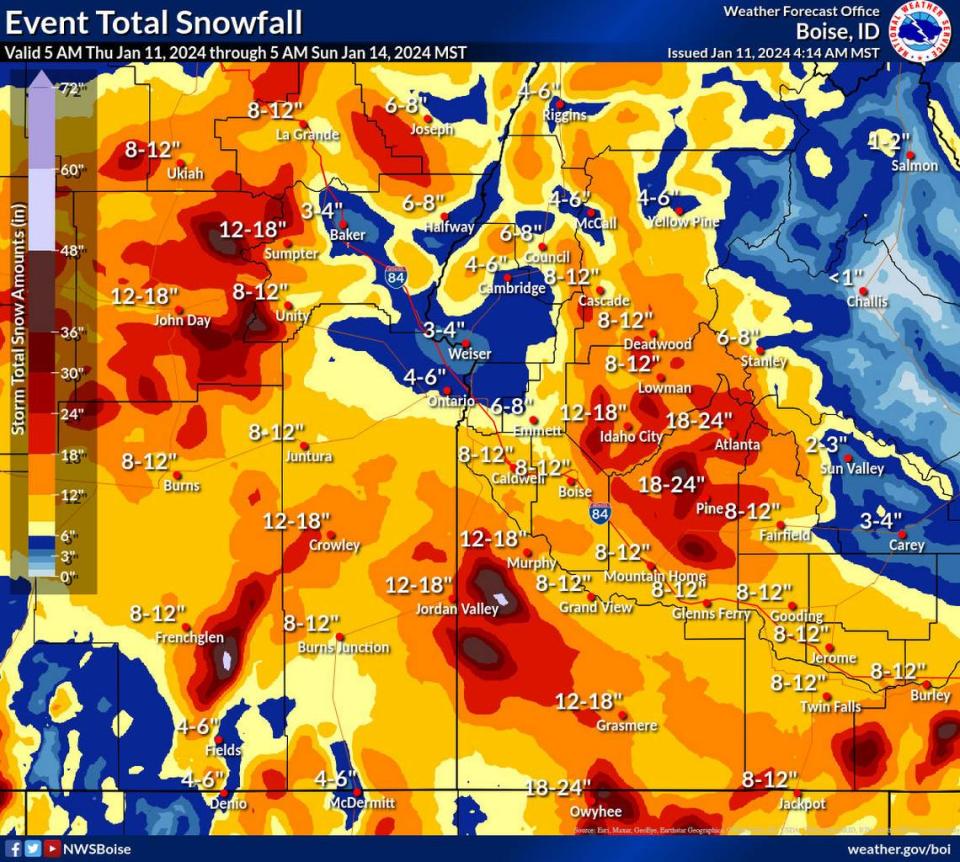 While localized amounts may be higher, the Treasure Valley can expect 8-12 inches of snow starting Thursday night.