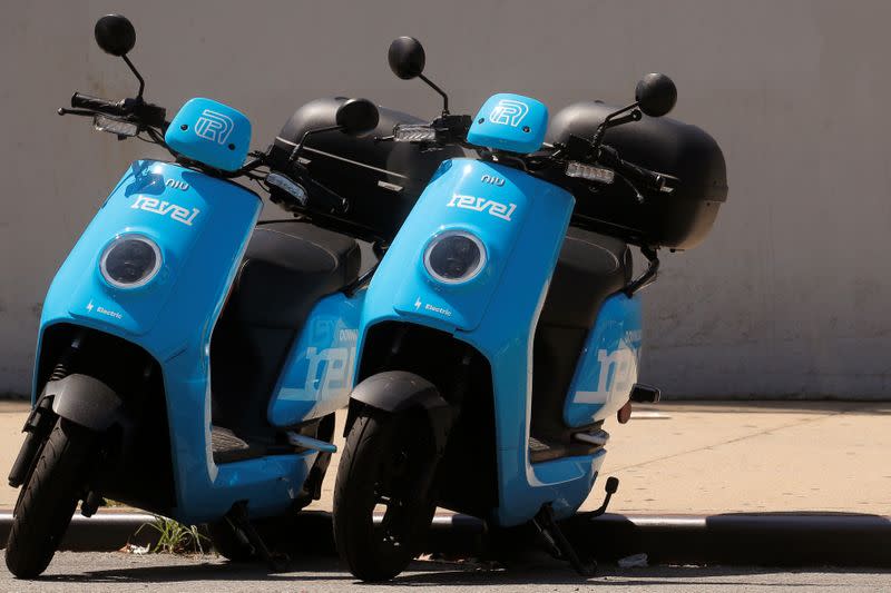 Revel app-based electric scooters are parked idle following suspension of service in New York