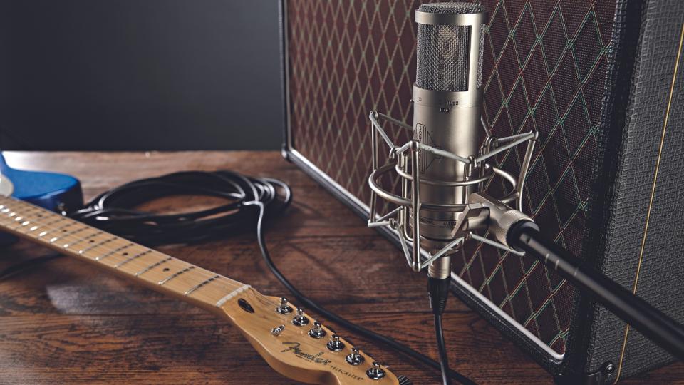 A Fender Telecaster with a condenser microphone