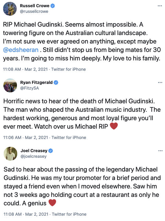 Members of the Australian entertainment industry shared their tributes for Michael. Photo: Twitter