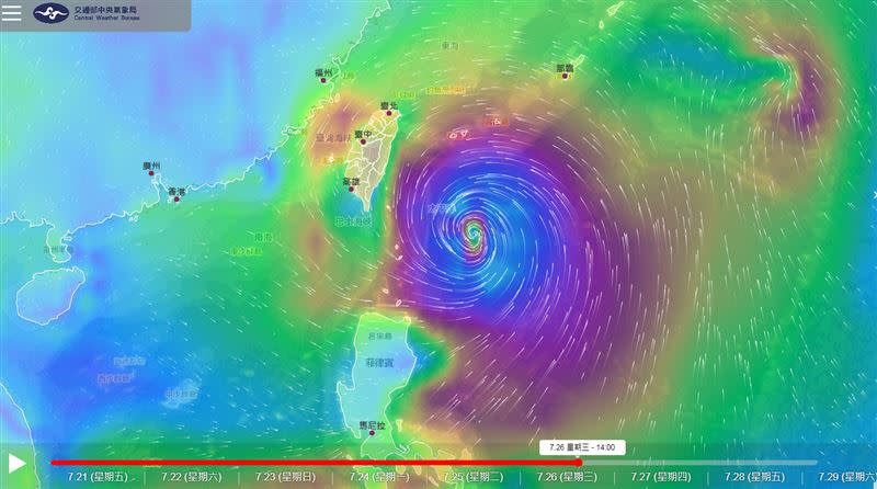 26日風場預報顯示，杜蘇芮極度接近台灣。（圖／翻攝自氣象局）
