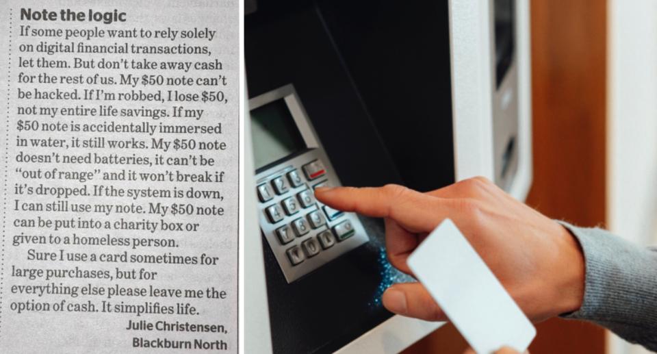 Letter to the editor about cash transactions; Hand using ATM