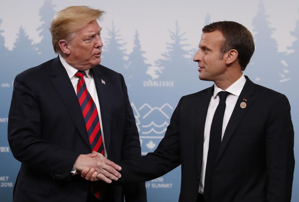 Trump shakes hands with France's President Emmanuel Macron during a bilateral meeting at the G-7 summit on Friday. (Photo: Leah Millis / Reuters)