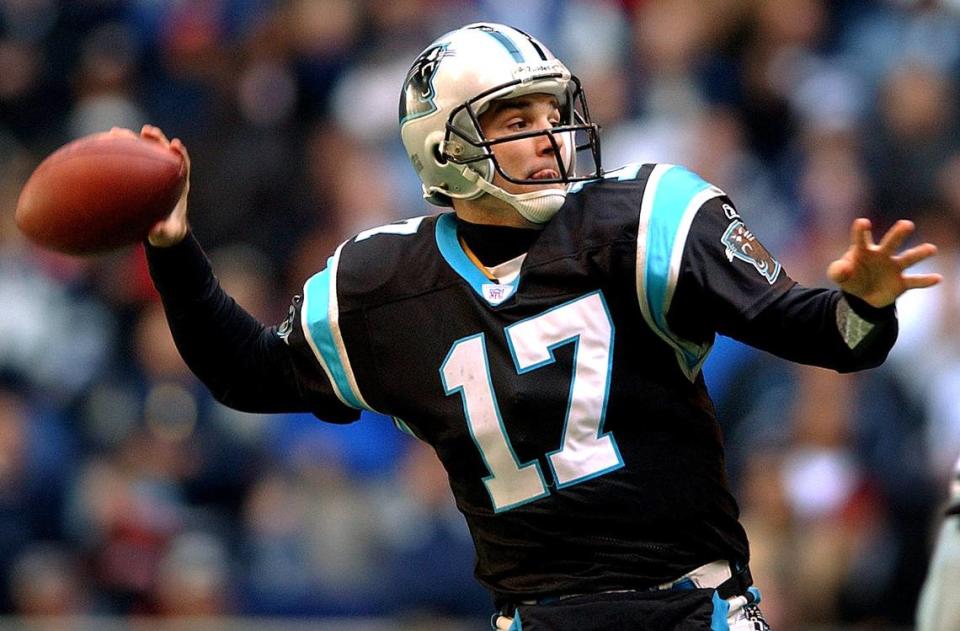 Carolina Panthers quarterback (17) Jake Delhomme winds up to throw in a 2003 game against Dallas. Delhomme still holds the Panthers’ all-time record for playoff wins by a quarterback, with five.