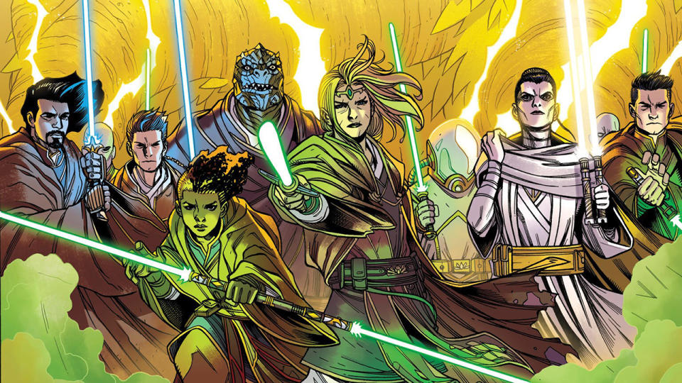 Illustration of an army of Jedi wielding their lightsabers, ready for battle.