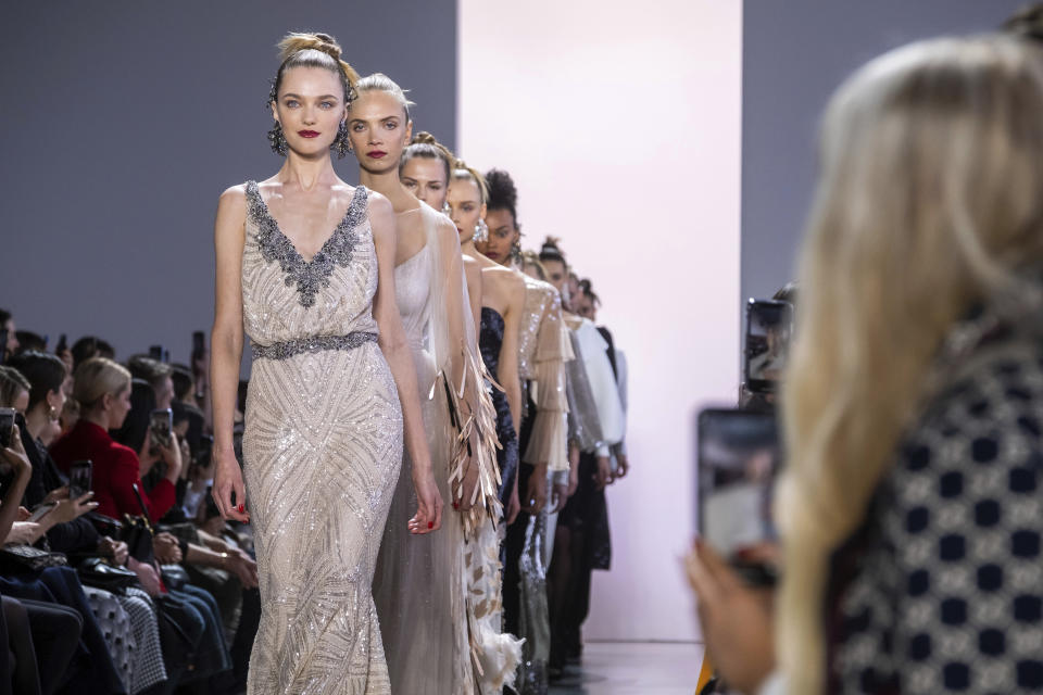 The Badgley Mischka collection is modeled at Spring Studios during NYFW Fall/Winter 2020 on Saturday, Feb. 8, 2020, in New York. (Photo by Charles Sykes/Invision/AP)