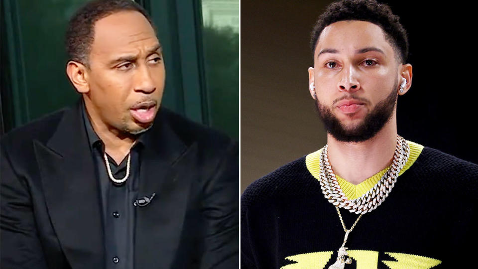 Pictured left is Stephen A. Smith alongside a photo of NBA star Ben Simmons. 