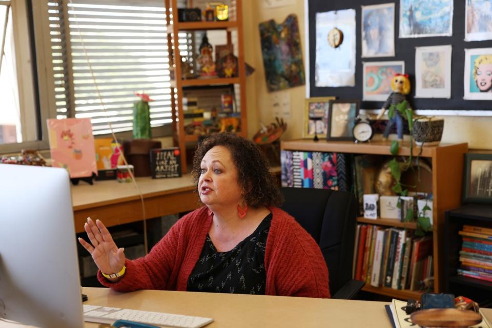 Antoinette Bailey, head of Millikan High school's art department, leads a class via Zoom.