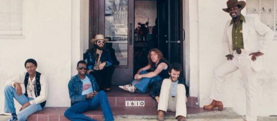 The E Street Band, shown in March 1974 in Houston as photographed by Nicki Germaine. This image appears in her book, "Springsteen Liberty Hall."