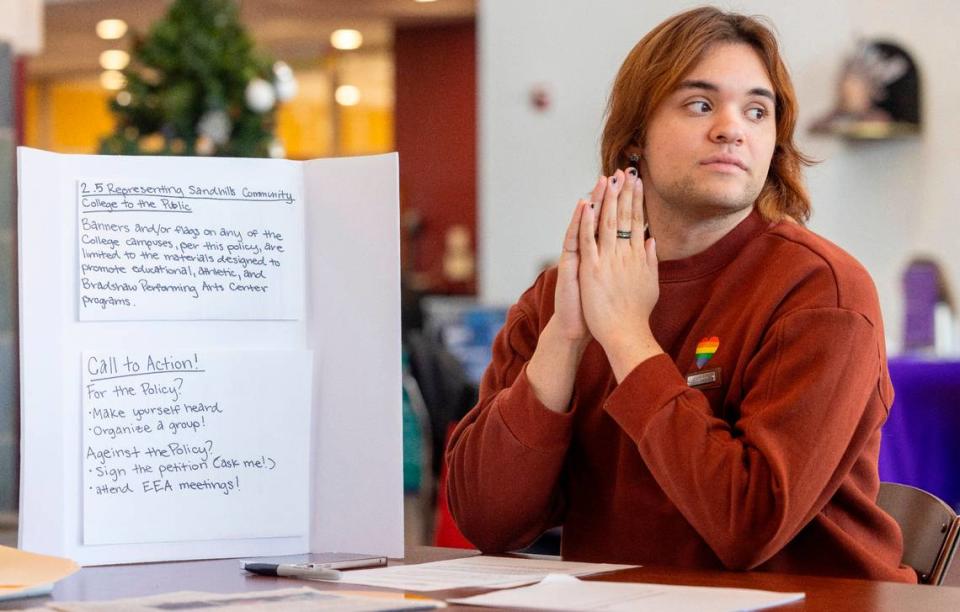 Sandhills Community College student Evan Higginbotham heads up a petition drive to change the banner policy at the college on Tuesday, November 28, 2023 at the Dempsey Student Center in Southern Pines, N.C. Earlier this year the college’s board voted to limit the types of banners that could be hung on campus.