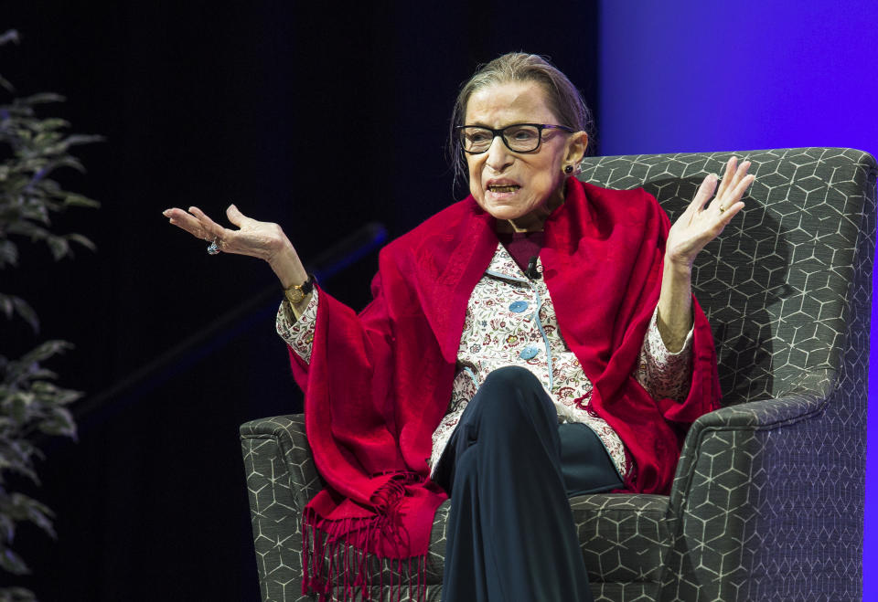 U.S. Supreme Court Justice Ruth Bader Ginsburg joins Amherst College President Biddy Martin for a conversation in Coolidge Cage at Amherst College in Amherst, MA on Oct. 3, 2019. (Erin Clark for The Boston Globe via Getty Images)