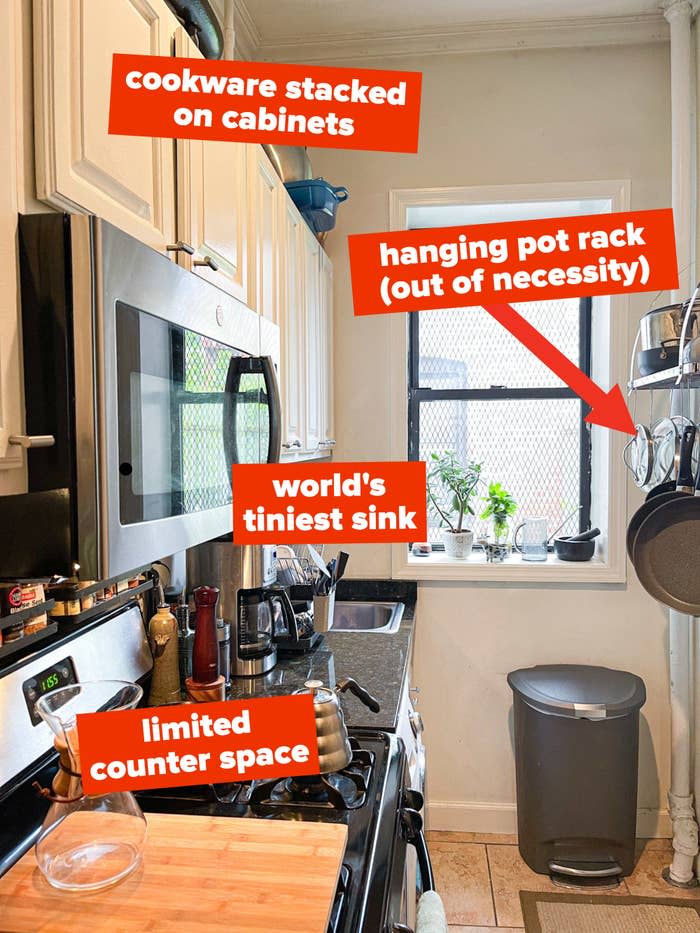 photo of author's kitchen with cookware stacked on cabinets, small sink, and limited counter space