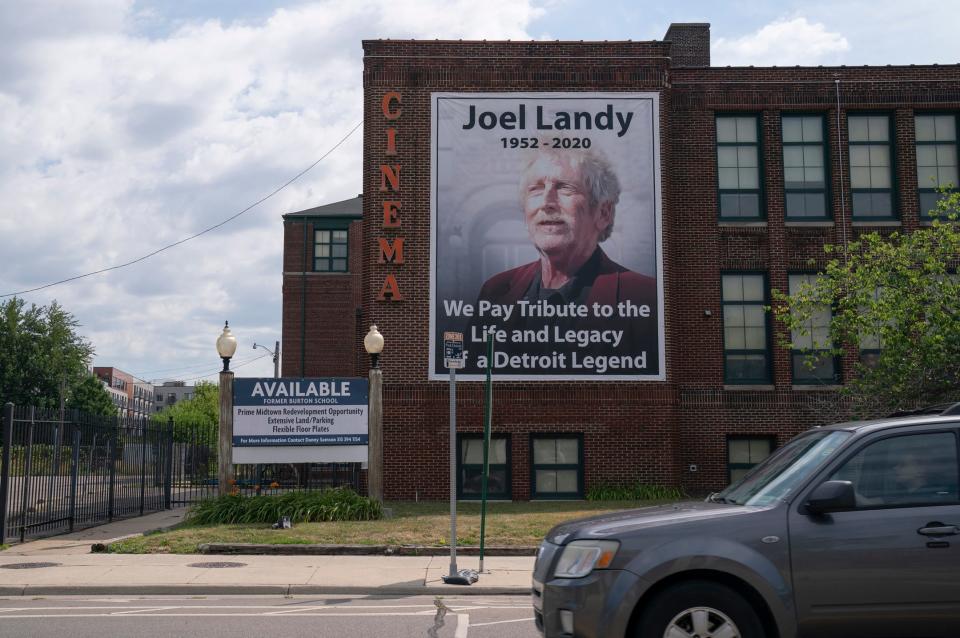 A mural of the late Joel Landy can be seen on the side of the old Burton school building and is one of many buildings in the Landy portfolio properties seen on Friday, July 2022 in Detroit.