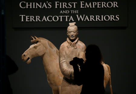 A Terracotta Warrior which guarded the tomb of China’s First Emperor, Qin Shi Huang, on loan from China is displayed in The World Museum, Liverpool, Britain February 6, 2017.REUTERS/Andrew Yates