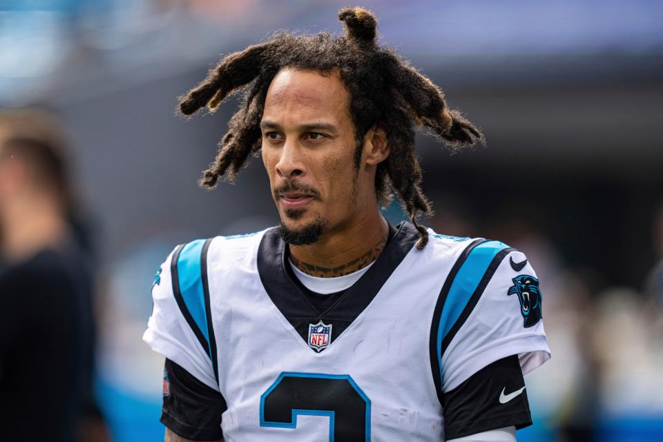 FILE - Carolina Panthers wide receiver Robbie Anderson looks on before an NFL football game against the San Francisco 49ers, Oct. 9, 2022, in Charlotte, N.C. The Arizona Cardinals have made a move to bolster their struggling offense, adding disgruntled receiver Anderson in a trade with the Panthers on Monday, Oct. 17, 2022. (AP Photo/Jacob Kupferman, File)