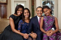 In this handout provided by the White House, (L - R) First Lady Michelle Obama, Malia Obama, U.S. President Barack Obama and Sasha Obama, sit for a family portrait in the Oval Office on December 11, 2011 in Washington, D.C. (Photo by Pete Souza/White House via Getty Images)