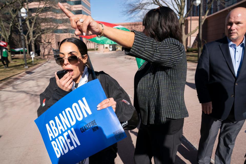 Tensions rise as a cease-fire for Palestine protest spills into the parking lot of The Henry Hotel in Dearborn before government officials meet with community leaders in Dearborn on Thursday, Feb. 8, 2024.