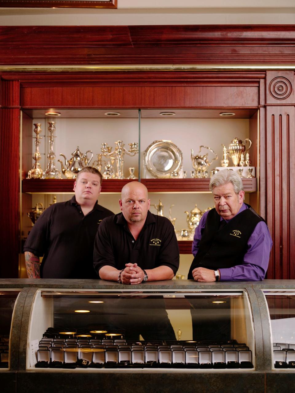 Corey, left, Rick, center and Richard "Old Man" Harrison host of the television program "Pawn Stars." Photo by Joey L, AETN (cq) (Via MerlinFTP Drop)