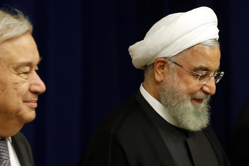 Iran's President Hassan Rouhani, right, meets with United Nations Secretary-General Antonio Guterres during the 74th session of the U.N. General Assembly, at U.N. headquarters, Wednesday, Sept. 25, 2019. (AP Photo/Jason DeCrow)