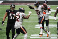 Chicago Bears strong safety Tashaun Gipson (38) celebrates his interception of Atlanta Falcons quarterback Matt Ryan during the second half of an NFL football game, Sunday, Sept. 27, 2020, in Atlanta. The Chicago Bears won 30-26. (AP Photo/Brynn Anderson)