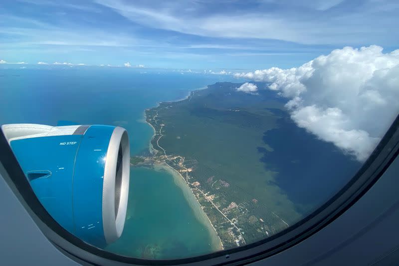 FILE PHOTO: Phu Quoc resort island is seen via the window of an airplane after the Vietnamese government eased the lockdown following the coronavirus disease (COVID-19) outbreak, Phu Quoc Island