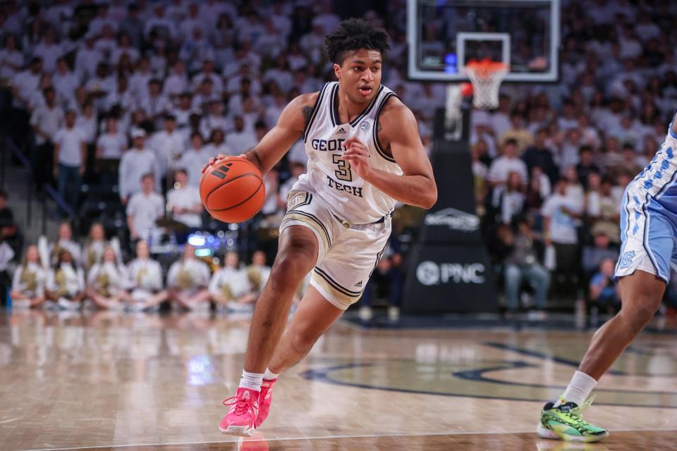 Georgia Tech's Dallan Coleman (3) drives to the basket against the North Carolina Tar Heels.