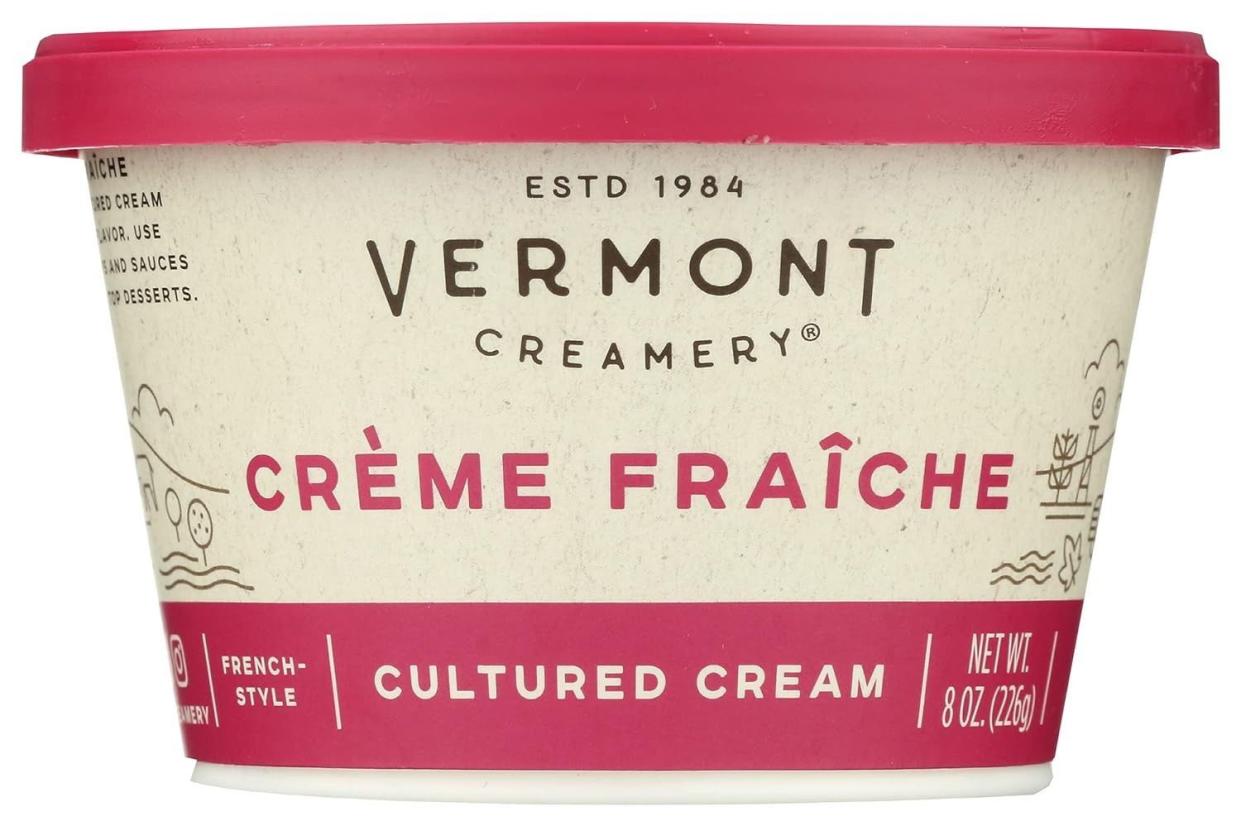 <p><a href="https://www.amazon.com/Vermont-Creamery-Cr%C3%A8me-Fra%C3%AEche/dp/B007NK0P3C/ref=sr_1_1_f3_0o_fs?crid=9HQMS5Q1JNSN&dib=eyJ2IjoiMSJ9.QZM1mvNfvVg6ZoosZfsKPpZLByERmTFc79Egm2fBj9fmRLLbS7ORCHaZ3COqsFjNrxl8YbCP10OLO_FCXbltXrW6VakB7L2hP8xC7yvaklVTq-t8q352tao4D-xHxW03L-w9Ho35bzWJF24eZypbhWfRsIcKkbvTe1Mjn_CQc0Jo2WEqYvq_l-JRrSjjPRg5u01qNMJ-b1AzJtg4vagugEDzFhTXWD7qQybdxpk3B5iVKzfxu5xg9RYpFZwwCCPvawaa74zSlf9qKZxgoNkkNKdf6CFad9CzSTxuhWpxvUg.oZcg4R1vZr5JFVrN7KJO6VuesI8t8dVkJuuLe78Q9x4&dib_tag=se&keywords=creme+fraiche&qid=1713550977&sprefix=creme+fraiche%2Caps%2C78&sr=8-1&tag=syn-yahoo-20&ascsubtag=%5Bartid%7C2164.a.60550847%5Bsrc%7Cyahoo-us" rel="nofollow noopener" target="_blank" data-ylk="slk:Shop Now;elm:context_link;itc:0;sec:content-canvas" class="link rapid-noclick-resp">Shop Now</a></p><p>Vermont Creamery Crème Fraîche</p><p>$5.99</p>