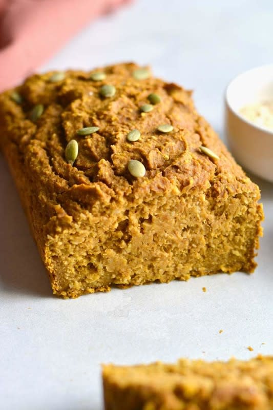 <p>Skinny Fitalicious</p><p>Healthy pumpkin oat bread made flourless with gluten-free oats and lightly sweetened. A naturally low-calorie, low-fat, low-sugar snack. </p><p><strong>Get the recipe: <em><a href="https://skinnyfitalicious.com/healthy-pumpkin-oat-bread-gf-low-calorie/" rel="nofollow noopener" target="_blank" data-ylk="slk:Healthy Pumpkin Oat Bread;elm:context_link;itc:0;sec:content-canvas" class="link rapid-noclick-resp">Healthy Pumpkin Oat Bread</a></em></strong></p>