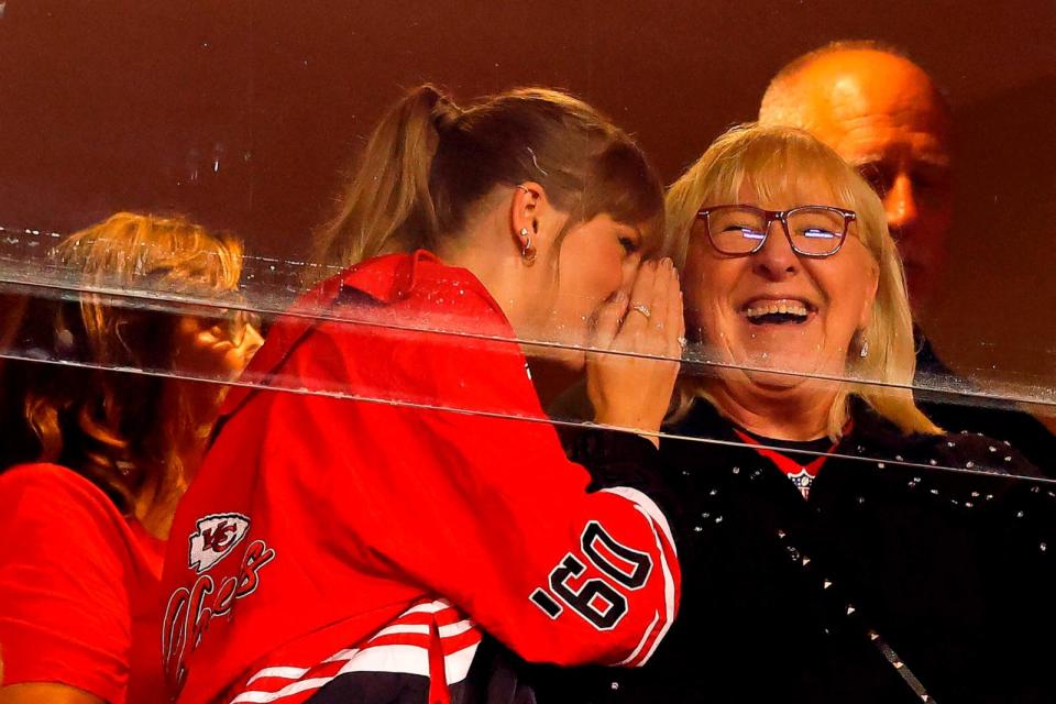 PHOTO: Taylor Swift and Donna Kelce look on before the game between the Kansas City Chiefs and the Denver Broncos Oct. 12, 2023 in Kansas City. (David Eulitt/Getty Images)