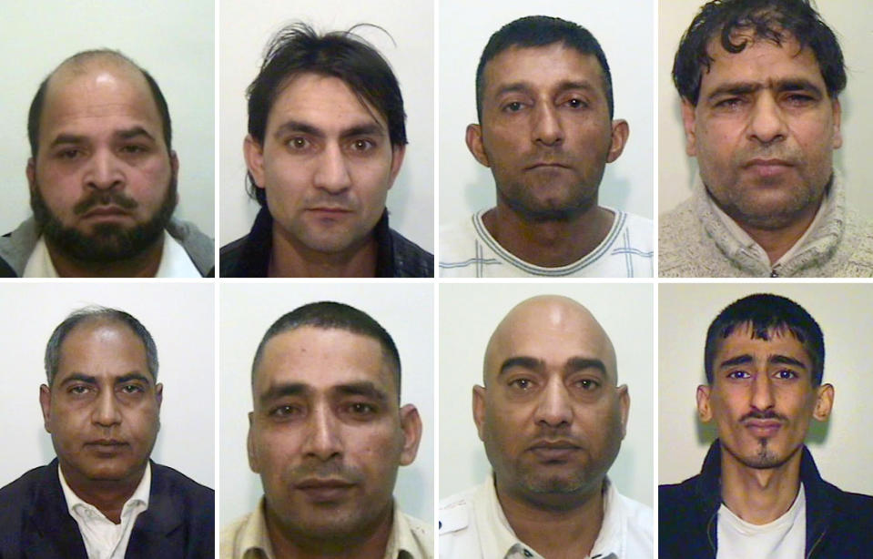 Undated handout composite image issued Tuesday May 8, 2012, by Greater Manchester Police showing eight of the nine men who have been convicted for luring girls as young as 13-years old into sexual encounters using alcohol and drugs, top row left to right, Abdul Rauf, Hamid Safi, Mohammed Sajid and Abdul Aziz, and with Bottom row left to right, Abdul Qayyum, Adil Khan, Mohammed Amin and Kabeer Hassan. The nine men aged between 22 and 59 are convicted of charges including rape, assault, sex trafficking and conspiracy and will be sentenced Wednesday May 9, 2012 at court in Liverpool, England. The ninth man in the group, a 59-year-old man cannot be named for legal reasons. (AP Photo / Greater Manchester Police)