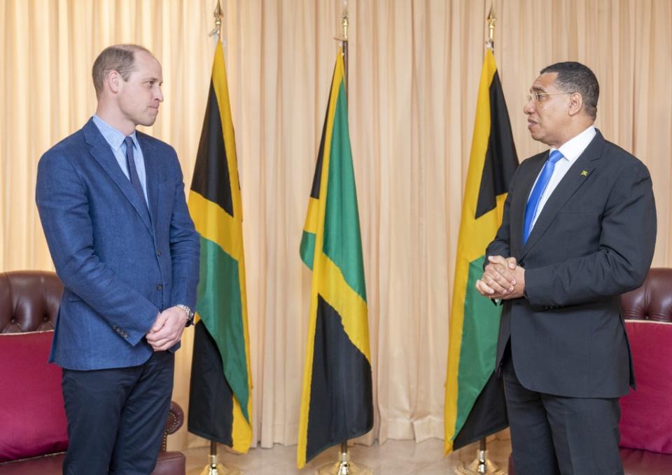 The Duke of Cambridge with the Prime Minister of Jamaica, Andrew Holness, who suggested to the royal Jamaica may become a republic (Jane Barlow/PA) (PA Wire)