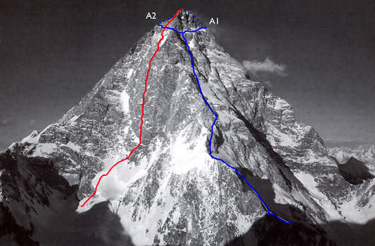 In red, the 2007 Russian route on the West Face of K2. In blue, the Japanese route on the NW Ridge, opened in 1991. Photo: Animal de Ruta