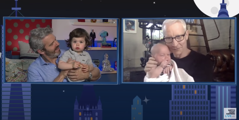 Andy Cohen's son meets Anderson Cooper's baby boy for the first time. (Photo: Watch What Happens Live)