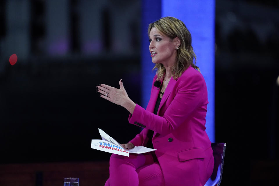 Moderator Savannah Guthrie speaks during an NBC News Town Hall with President Donald Trump at Perez Art Museum Miami, Thursday, Oct. 15, 2020, in Miami. (AP Photo/Evan Vucci)