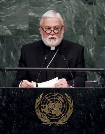 Archbishop Paul Richard Gallagher addresses a plenary meeting of the United Nations Sustainable Development Summit 2015 at the United Nations headquarters in Manhattan, New York September 26, 2015. REUTERS/Darren Ornitz