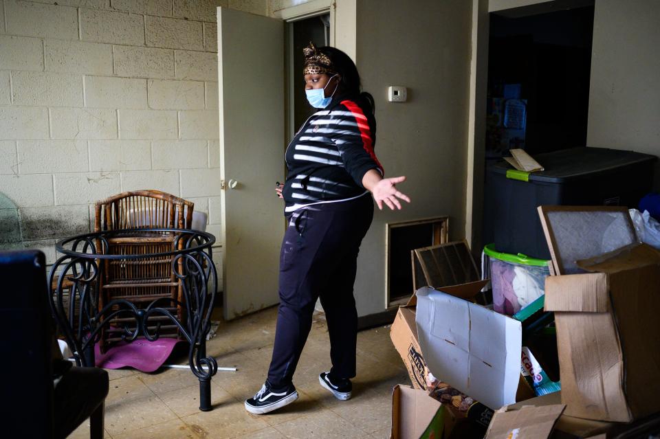 Miracle Mozzee, 23, looks around her public housing unit searching for any signs of progress on the repairs promised to her and her mother before they are supposed to move back in. All she found was missing and misplaced belongings, no power in the unit and spoiled food in addition to the existing issues that forced her and her mother to move out of the unit. Mozzee has spent her days during the pandemic caring for her mom and trying to figure out where they might go live.