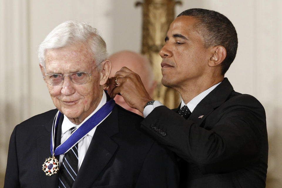 FILE - President Barack Obama awards the Medal of Freedom to John Doar, who handled civil rights cases in the 1960's, during a ceremony in the East Room of the White House in Washington, May 29, 2012. (AP Photo/Charles Dharapak, File)