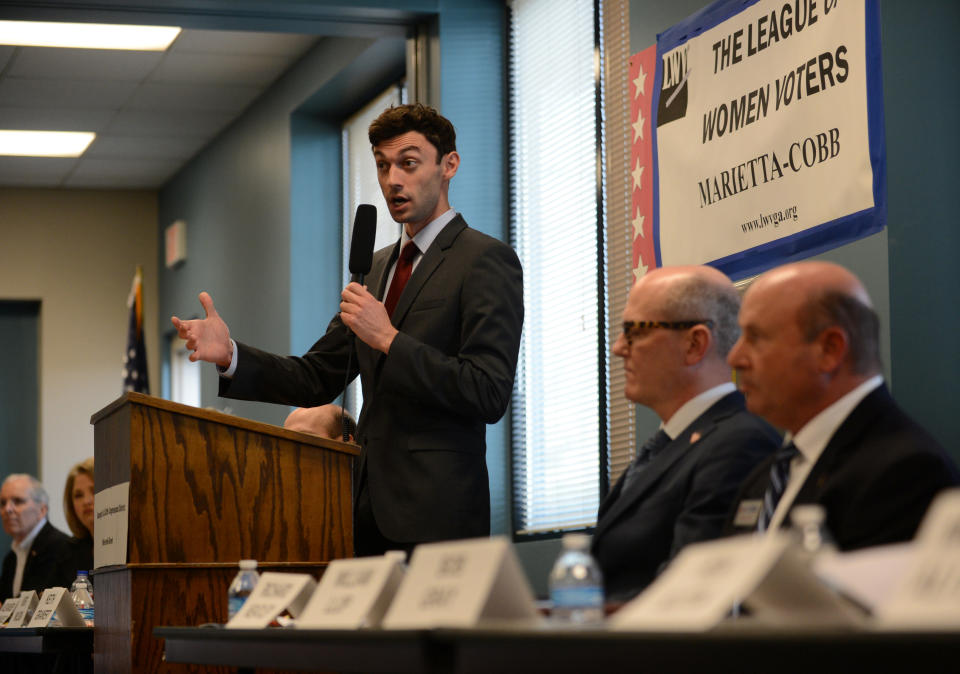 Democratic candidate Jon Ossoff speaks during the League of Women Voters' candidate forum for Georgia's 6th Congressional District special election to replace Tom Price, who is now the secretary of Health and Human Services, in Marietta, Georgia, U.S. April 3, 2017. Picture taken April 3, 2017. REUTERS/Bita Honarvar