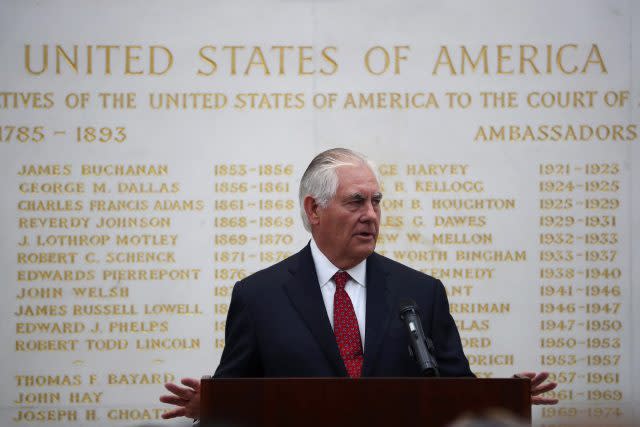 US Secretary of State Rex Tillerson speaks at the US Embassy in London (Hannah McKay/AP/PA)