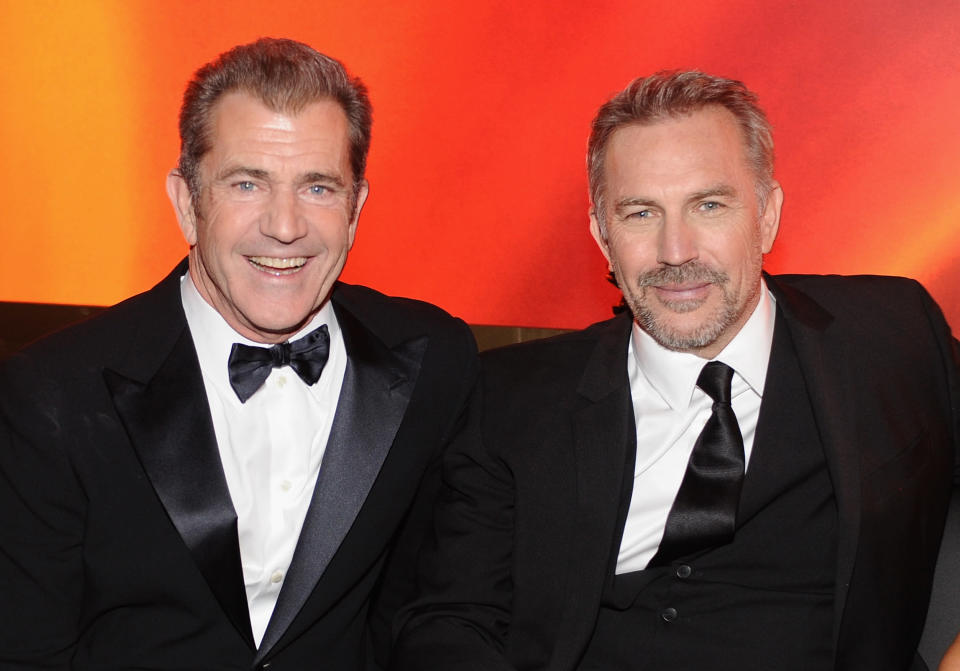 Mel Gibson and Kevin Costner attends the 2013 InStyle and Warner Bros. 70th Annual Golden Globe Awards Post-Party held at the Oasis Courtyard in The Beverly Hilton Hotel on January 13, 2013 in Beverly Hills, California.